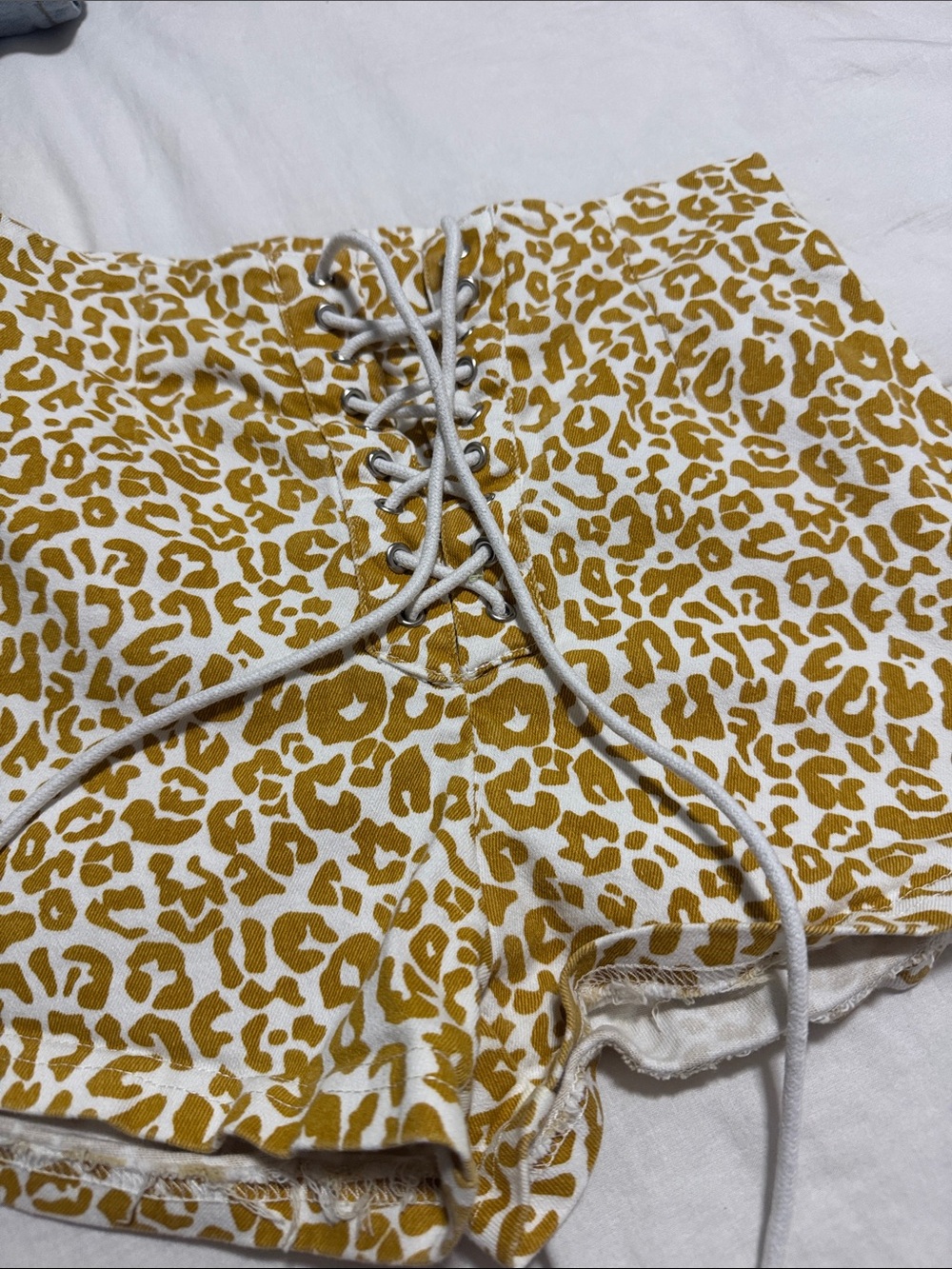 Beginning Boutique High-Waist Lace-Up Leopard Print Shorts - Mustard & White